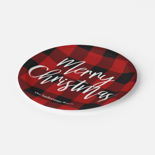 Assiettes En Carton Red Buffalo Plaid & Joyeux Noël|Nom personnel (Angle)