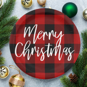 Assiettes En Carton Red Buffalo Plaid & Joyeux Noël Nom personnel