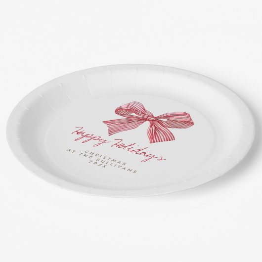 Assiettes En Carton Red Candy Stripe Bow Fête Personnalisée (Angle)