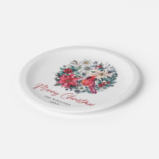 Assiettes En Carton Red Cardinal Poinsettia Holly Berry Pine Holiday (Angle)