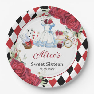 Assiettes En Carton Red Floral Alice au pays des merveilles Anniversai