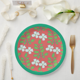 Assiettes En Carton Red Floral White Blossoms & Green Leaves