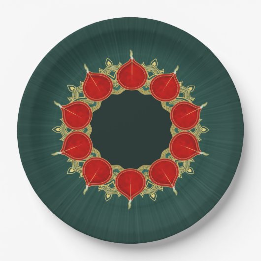 Assiettes En Carton Red & Gold Diyas Mandala Diwali en Turquoise (Devant)