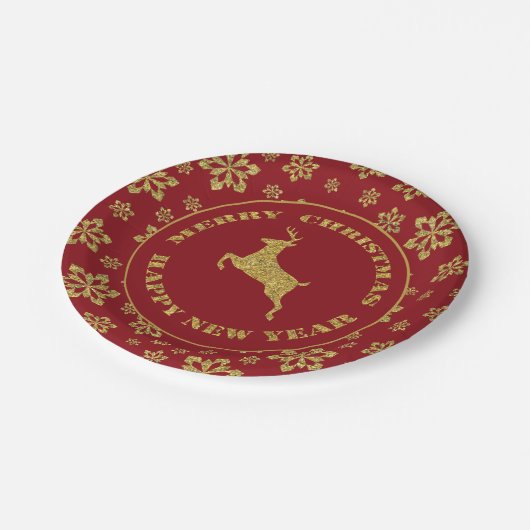 Assiettes En Carton Red Gold Snowflake Reindee (Angle)