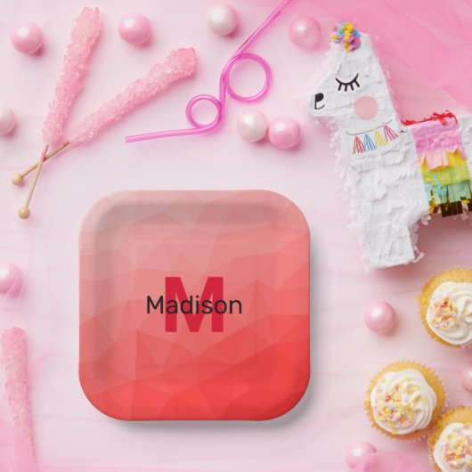 Assiettes En Carton Red gradient geometric mesh pattern Monogram (Fête)