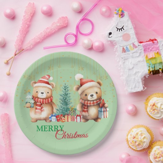 Assiettes En Carton Red Green teddy Bear Père Noël Joyeux Noël Party (Fête)