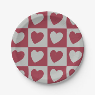Assiettes En Carton Red Grey Love Hearts Party