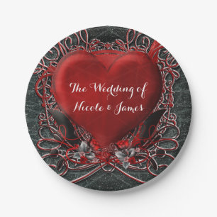 Assiettes En Carton Red Heart & Rose Gothic Valentine Wedding Party