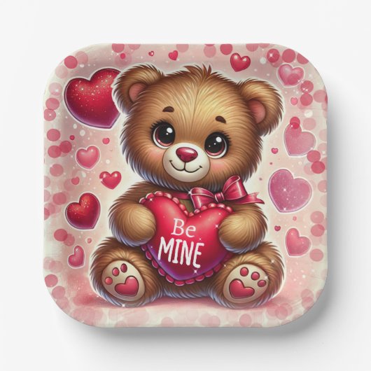 Assiettes En Carton Red Heart Valentine Teddy Bear fête d'anniversaire (Recto)