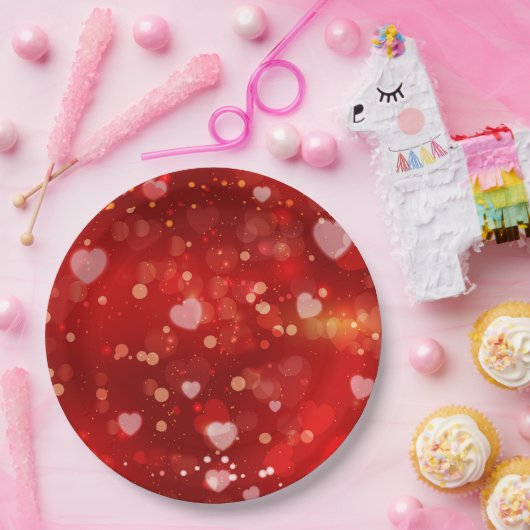 Assiettes En Carton Red Hearts et Bokeh (Fête)