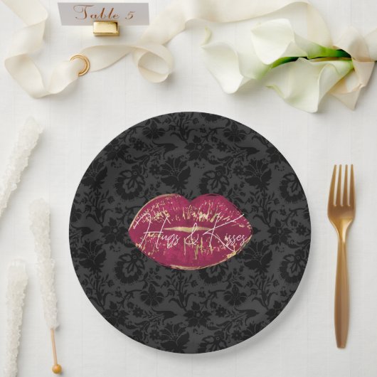 Assiettes En Carton Red Lips Kiss Black Floral (Mariage)