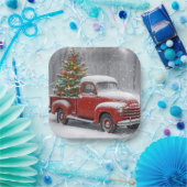 Assiettes En Carton Red Retro Truck With Christmas Tree (Fête)