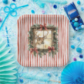 Assiettes En Carton Red Stripes Bows Christmas Deer in Window (Fête)