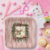 Assiettes En Carton Red Stripes Bows Christmas Deer in Window (Fête)