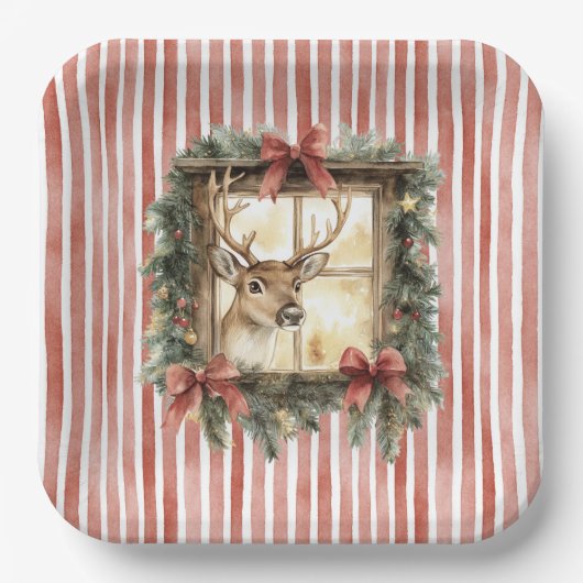 Assiettes En Carton Red Stripes Bows Christmas Deer in Window (Recto)