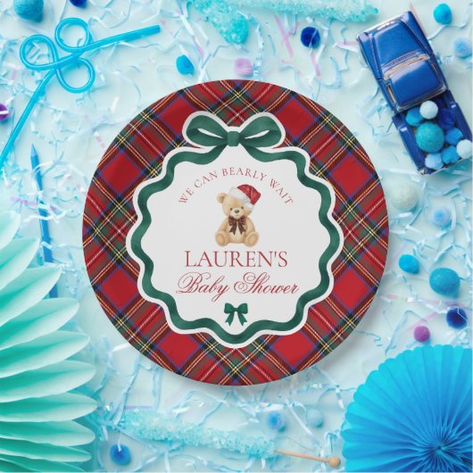 Assiettes En Carton Red Tartan Plaid Christmas Bear Baby Shower (Fête)