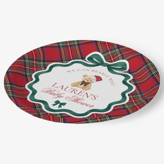 Assiettes En Carton Red Tartan Plaid Christmas Bear Baby Shower (Angle)