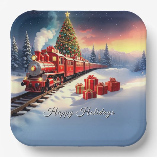 Assiettes En Carton Red Train Christmas Tree Holiday Paper Plate (Recto)