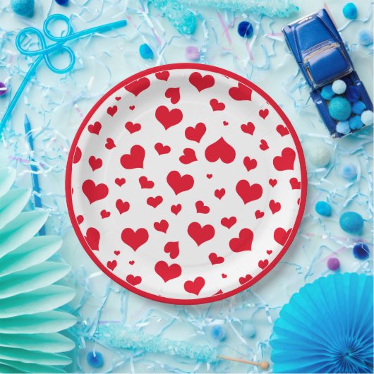 Assiettes En Carton Red Valentine Hearts Random Scattered Motif (Fête)