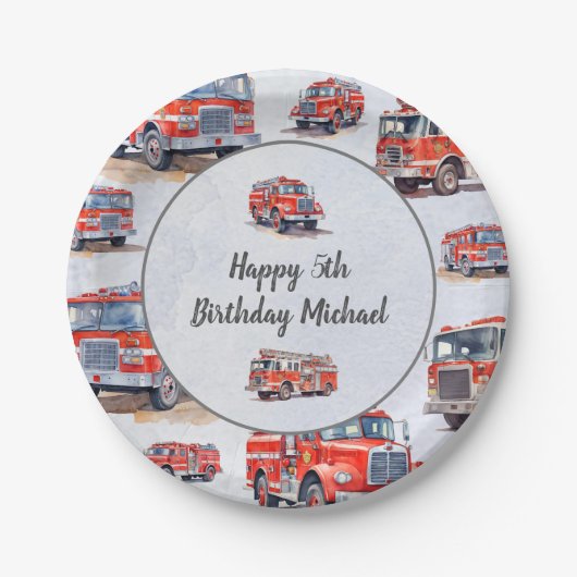 Assiettes En Carton Red Watercolor Firetruck Moteur Anniversaire (Devant)