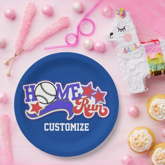Assiettes En Carton Red White & Blue Home Run Baseball Plaques rayées (Fête)