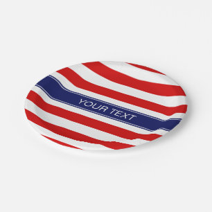 Assiettes En Carton Red Wht Horiz Bande Marine Nom bleu Monogramme