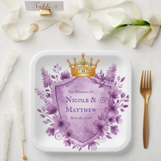 Assiettes En Carton Regal violet Mariage de crête florale (Mariage)