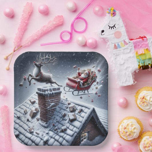 Assiettes En Carton Reindeer Mishap sur un toit neigeux (Fête)