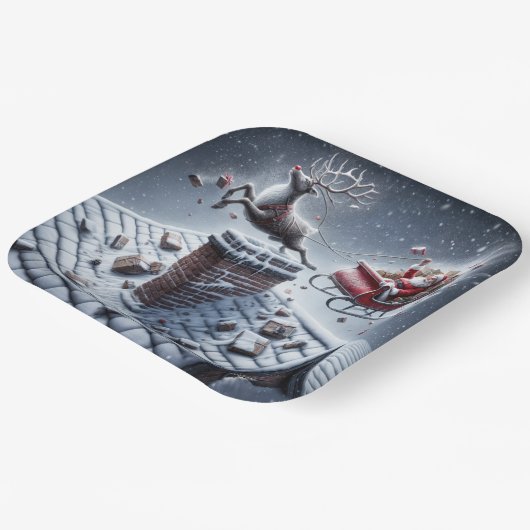 Assiettes En Carton Reindeer Mishap sur un toit neigeux (Angulaire)
