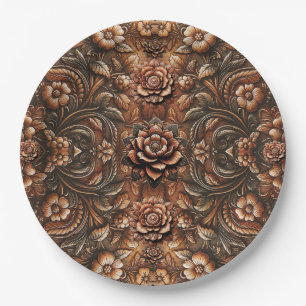 Assiettes En Carton Relief Fleurs Vintage Cuir Faux Élégant Aspect