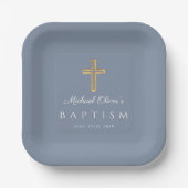 Assiettes En Carton Religieux Dusty Bleu Script Croix Baptême garçon (Recto)