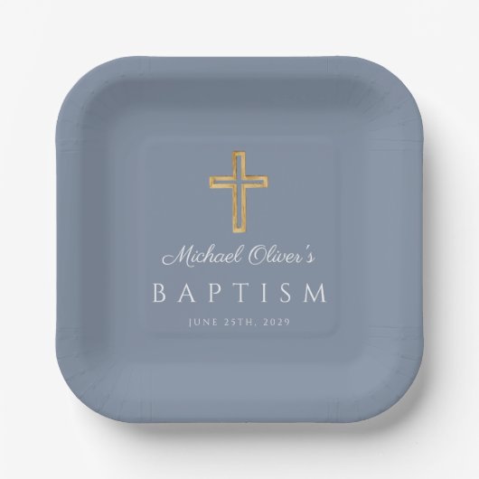 Assiettes En Carton Religieux Dusty Bleu Script Croix Baptême garçon (Recto)