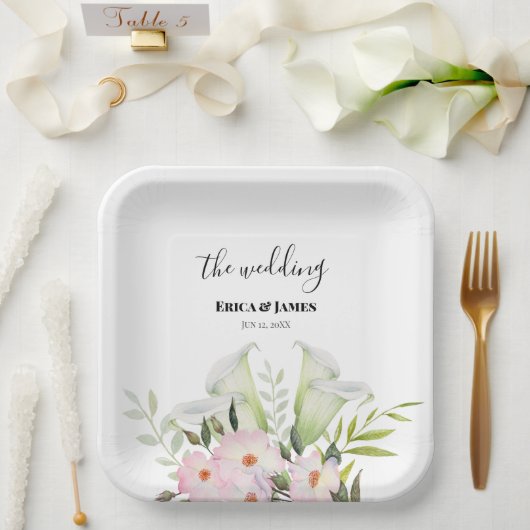 Assiettes En Carton Remerciement Mariage Gentil Lys Calla Blanc Roses (Mariage)