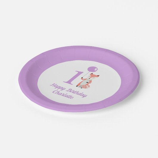 Assiettes En Carton Renard blanc et ballon violet joyeux anniversaire (Angle)