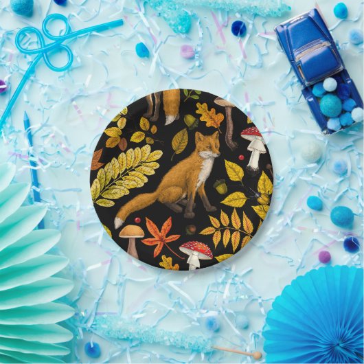 Assiettes En Carton Renard d'automne sur noir (Fête)