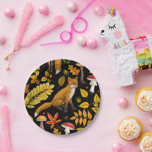 Assiettes En Carton Renard d'automne sur noir (Fête)