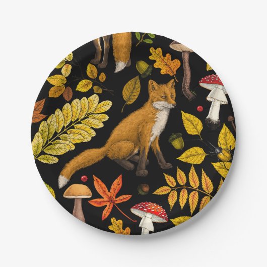 Assiettes En Carton Renard d'automne sur noir (Devant)