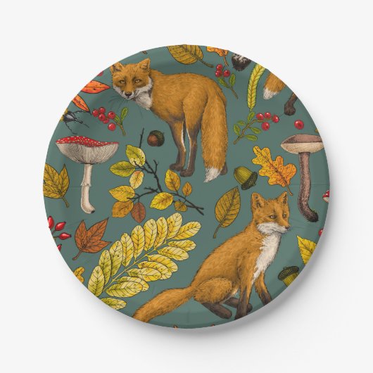 Assiettes En Carton Renard d'automne sur pin vert (Devant)