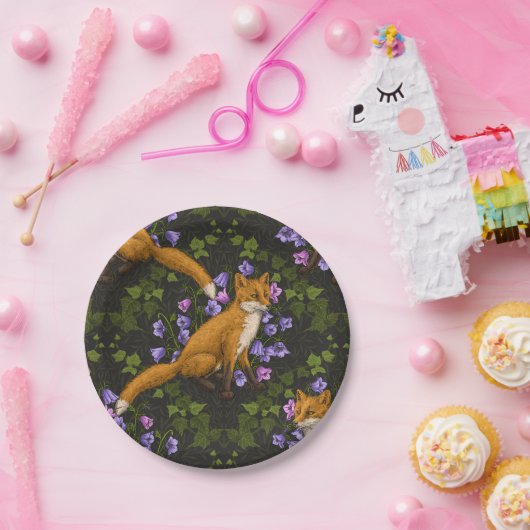 Assiettes En Carton Renard, fleurs et lierre, vert, orange et viole (Fête)