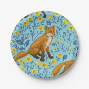 Assiettes En Carton Renards et papillons sur le bleu de la piscine