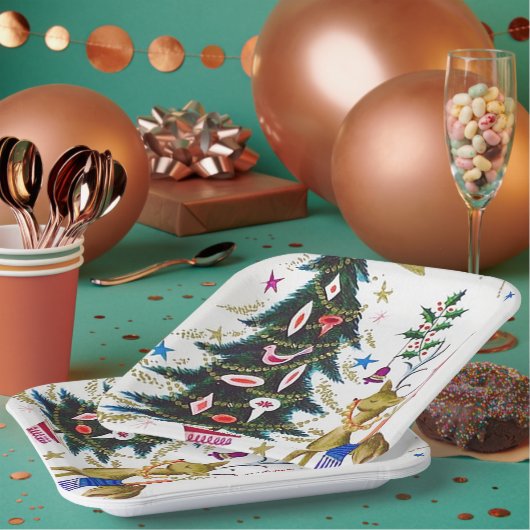 Assiettes En Carton Rennes de Noël rétro et fête des arbres (Multi)