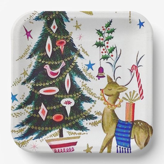 Assiettes En Carton Rennes de Noël rétro et fête des arbres (Recto)
