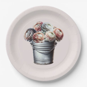 Assiettes En Carton Renoncule dans un seau en fer-blanc Glam rustique 