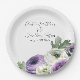 Assiettes En Carton Renoncule violette et blanche aquarelle romantique
