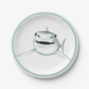 Assiettes En Carton requin aquarelle souriant gris vert océan animal