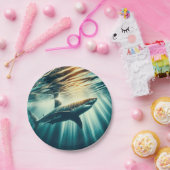 Assiettes En Carton Requin dans la mer bleue profonde & soleil (Fête)