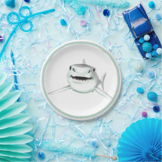 Assiettes En Carton requin d'aquarelle souriant gris vert vert animal  (Fête)