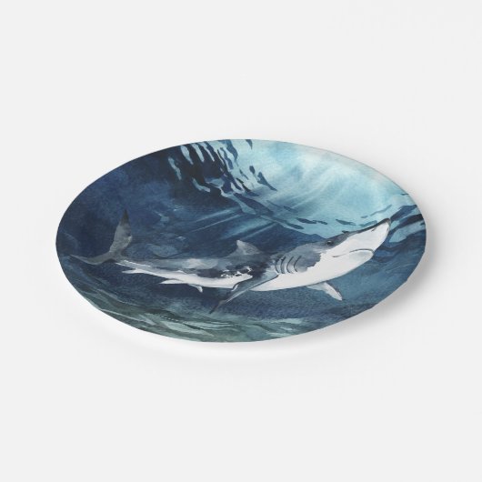 Assiettes En Carton Requin gris et blanc dans l'Océan bleu (Angle)