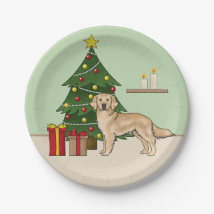 Assiettes En Carton Rétreiver doré jaune avec arbre de Noël vert