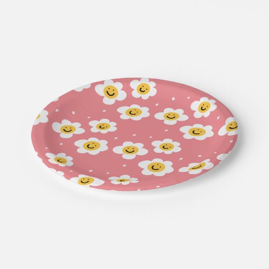Assiettes En Carton Retro Abstrait Funky 60s Emoji Daisy Motif (Angle)